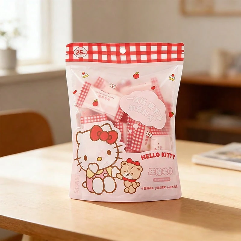 Miniso Sanrio Hello Kitty Disposable Compressed Towels (25 Pcs): Portable Individual Packaging, Skin-Friendly Non-Woven Fabric, Travel/Business Trip & Daily Cleaning Water-Absorbent Towels(1 PC) - White - View 1