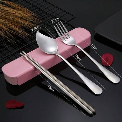 3pcs/Set Stainless Steel Fork, Chopsticks, Spoon Portable Cutlery Set, Suitable For Home, Outdoor, Student