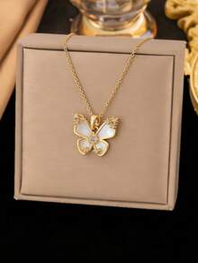 1件蝴蝶吊坠项链，时尚、创意、独特、百搭，适合日常佩戴和通勤（OPP袋包装） - 金黃色 - 查看 4