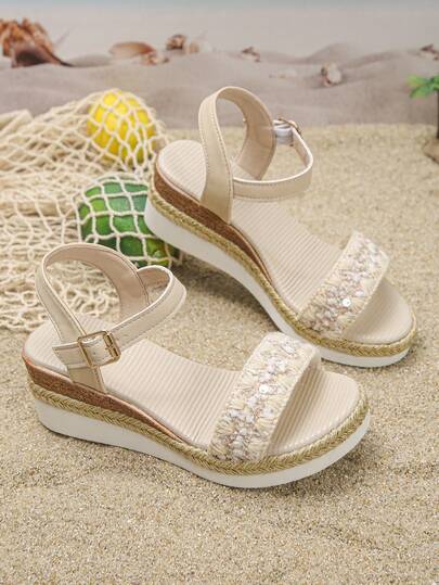 1 Pair Girls' Summer Wedge Sandals, Suitable For Daily Outings And School, Buckle Closure, Lightweight Wedge Heel, Non-Slip, Casual & Comfortable, Fashion Sequin Peep Toe Platform Sandals