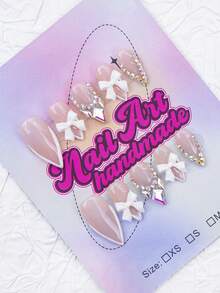 10片/套 手工杏仁形Y2K坏女孩风格美甲贴片，裸色和白色法式甲片，不对称金属液体，雕刻花朵和星星图案，适合女性和女孩，派对、日常佩戴，包含工具包，精美美甲用品礼品 - 白色 - 查看 2