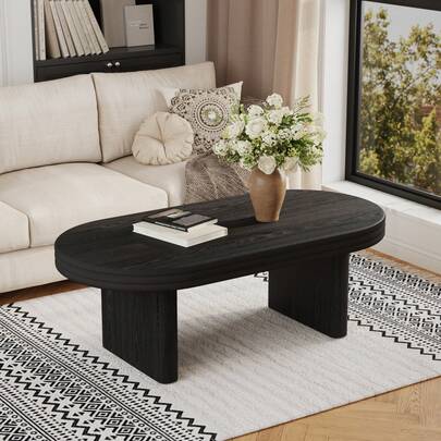 Mid-Century Modern Fluted Oval Coffee Table, Rustic Wooden Cocktail Table, Versatile Center Table For Living Room, Office, Home Decor (Black, 60 Cm D X 120 Cm W X 41.5 Cm H)