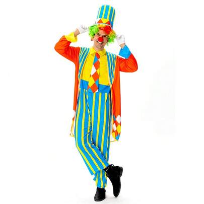 Funny Men's Clown Costume, Halloween Birthday Pranks Outfit, With Accessories For Gag Gifts Includes (Bodysuit, Hat, Robe)