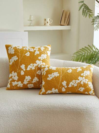 1件黄色满天星花卉刺绣抱枕套，春夏花卉靠垫套，适合室内装饰，四季通用枕套，不含枕芯
