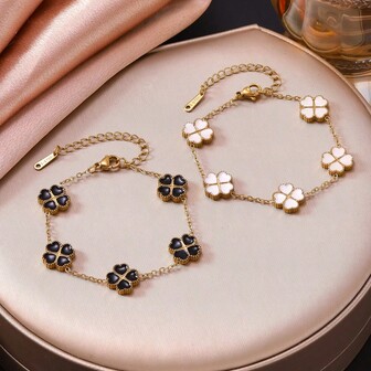 1pc Elegant Black & White Four-Leaf Clover Bracelet, 18K Gold Plated Fashion Jewelry, Suitable For Women Vacation & Date Outfit