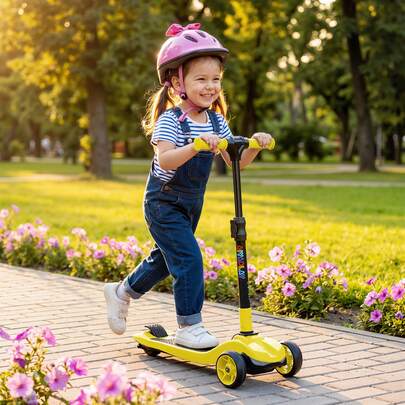  AIYAPLAY Electric Scooter For Kids, 3 Wheel Foldable Kids Scooter For Age 6-10 With 4 Levels Adjustable Height, LED Lights, Up To 6km/H, Maximum Range 8km For Boys And Girls, Yellow