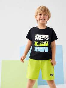 Tween Boy Cartoon Graphic Print Short Sleeve T-Shirt And Shorts Set - Black - View 5