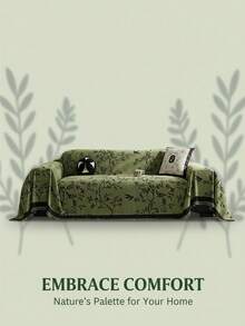 High-Quality Chenille Cotton Blend Sofa Cover - Soft & Fluffy Sofa Protector With Green Natural Plant Pattern
