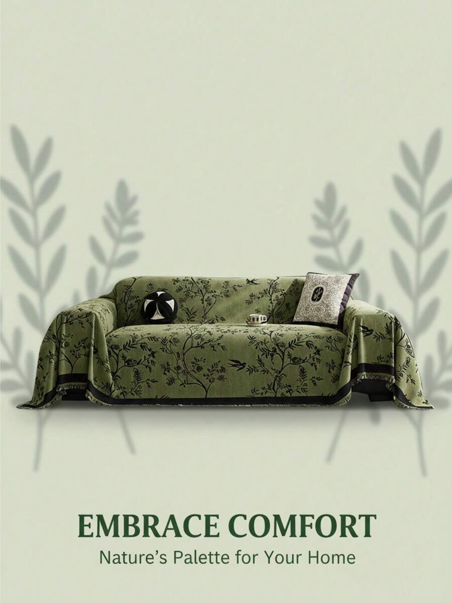 High-Quality Chenille Cotton Blend Sofa Cover - Soft & Fluffy Sofa Protector With Green Natural Plant Pattern