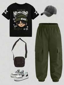 Conjunto de top de manga corta con estampado de dibujos animados y pantalones cargo para niño preadolescente - Negro - Ver 1