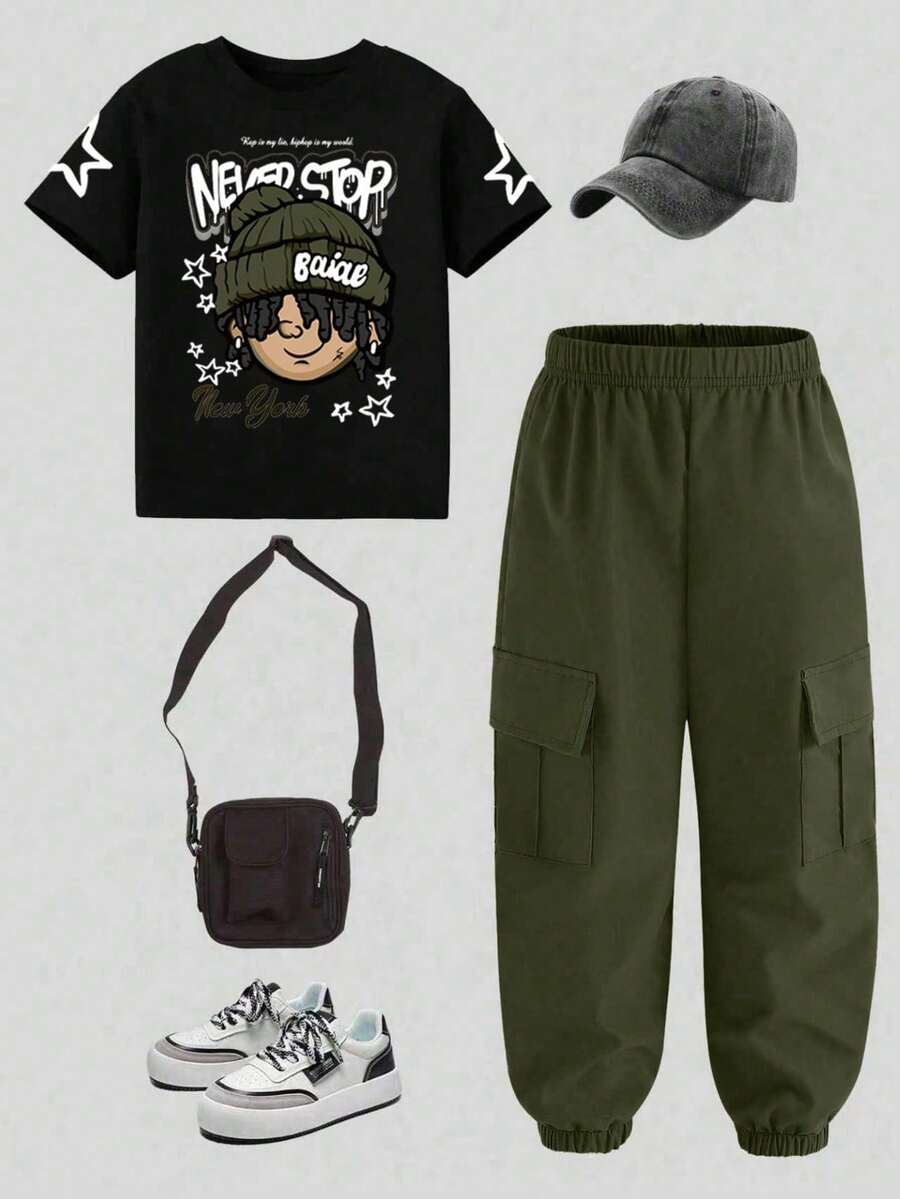 Conjunto de top de manga corta con estampado de dibujos animados y pantalones cargo para niño preadolescente - Negro - Ver 1