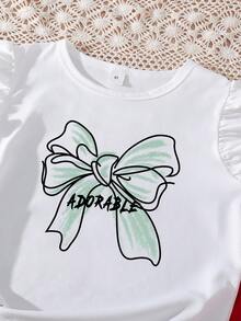 2pcs/Set Tween Girls Bow Print T-Shirt And Buckle Front Skirt Outfit - Green - View 3