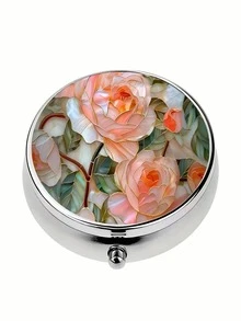 Vintage Compact Rose Gold Metal Pill Box, Portable Decorative Vitamin Storage Box, Suitable For Wallet Or Handbag - Unique Gift, Travel Organizer, Elegant Design, Painted Glass Pattern, Lightweight Construction, Durable Material, Suitable For Daily Medication Users And Health-Conscious People - Multicolor - View 2