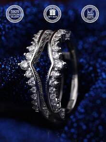 1 chiếc nhẫn bạc 925 hai lớp hình chữ V đính đá Cubic Zirconia, thiết kế vương miện, nhẫn hình trái tim đính đá Cubic Zirconia, thời trang cho đeo hàng ngày và đám cưới, món quà lý tưởng cho bạn gái, kèm hộp quà. - Zircon hình chữ V hai lớp - Xem 6