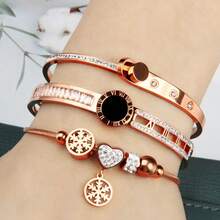 3pcs/1set Diamond Encrusted Double LOVE Link Stainless Steel Women Bracelet, Fashionable Roman Rope Style Wristband, Gift - Roman Set - View 7