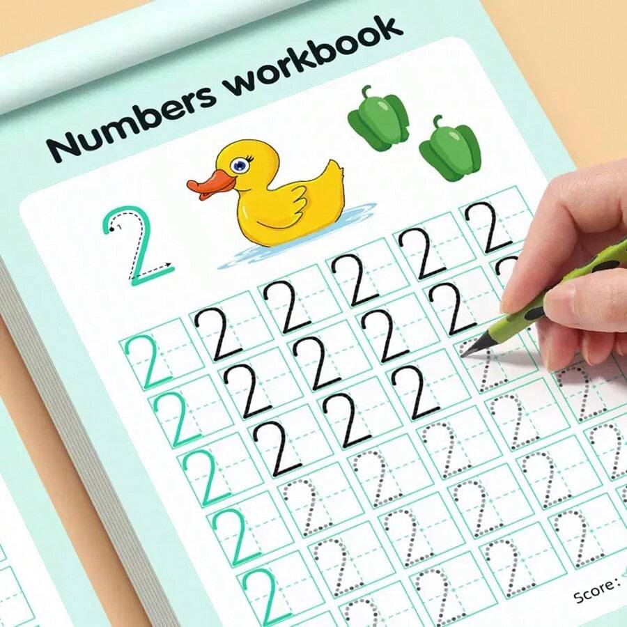 48页畅销练习册：0-100数字描摹 + 赠品（2支铅笔、1个随机颜色铅笔握笔器、1块橡皮） - 学习书写阿拉伯数字、点阵书法和笔法控制练习