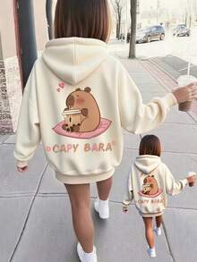 1件少女休闲水豚印花套头卫衣，保暖内衬，色彩鲜艳的图案设计，适合情人节穿着 - 杏色 - 查看 1