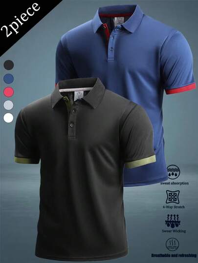 2pcs Men's Casual Short Sleeve Polo Shirts, Breathable Tops, Slight Stretch, Single-Breasted Placket, Short Sleeve, Regular Length, Collared, Suitable For Sports, Tennis, Golf, Parties, Vacation, Weekends, Spring/Summer