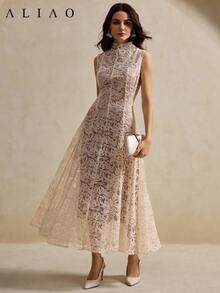 Aliao Elegant Paisley Embroidered Mesh Patchwork Sheer Dress, Suitable For Wedding Season, Valentine's Day, White Theme Parties, Retro & Vintage Style, Flattering For Daily Wear, Spring/Summer - Apricot - View 4