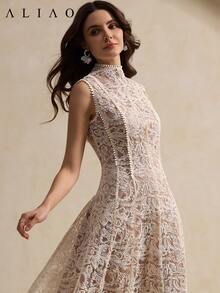 Aliao Elegant Paisley Embroidered Mesh Patchwork Sheer Dress, Suitable For Wedding Season, Valentine's Day, White Theme Parties, Retro & Vintage Style, Flattering For Daily Wear, Spring/Summer - Apricot - View 2