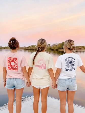 Camiseta de manga corta con cuello redondo, estampado de patrón de sol y puesta de sol con letras, ropa de mujer de verano, estilo casual y suelto, multifuncional, adecuado para vacaciones y moda de verano.