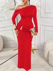 AIJ Women's Long Sleeve Knit Bodycon Dress With Ruffle Details And Gold Buttons, Suitable For Evening Events - Red - View 4