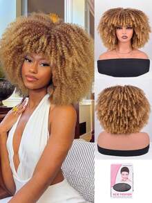 Short Afro Kinky Curly Wig With Bangs For Women High Temperature Synthetic Hair Wig Curly Afro Wigs For Women - Curly Afro Wigs Black Wig For Women Brown Gold Gradient 12 Inch Replacement Wigs Party Use Natural Black Hair Carnival Cosplay Wigs - 漸變金色 - 查看 11