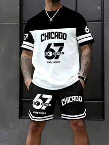 男士趣味“67”数码图案两件套T恤和配套短裤套装 - 67主题 - 透气黑白运动风夏季套装，可机洗休闲运动服，耐穿舒适面料，适合青少年和成人户外活动及日常穿着。 - 彩色 - 查看 1