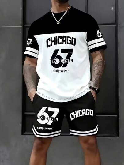 2-Piece Men's Funny And Fun '67' Digital Pattern, T-Shirt And Matching Shorts Set -67 Theme - Breathable Black And White Sports Style Summer Outfit, Machine Washable Casual Sportswear, Durable And Comfortable Fabric Suitable For Outdoor Activities And Daily Wear Of Teenagers And Adults