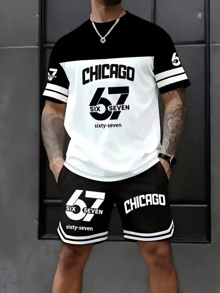 男士趣味“67”数码图案两件套T恤和配套短裤套装 - 67主题 - 透气黑白运动风夏季套装，可机洗休闲运动服，耐穿舒适面料，适合青少年和成人户外活动及日常穿着。 - 彩色 - 查看 1