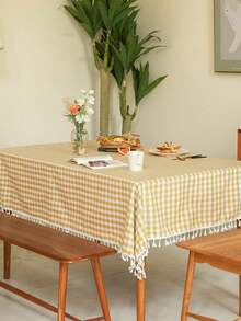 Mantel de poliéster a cuadros | Patrón a cuadros amarillo y blanco | Tejido, con flecos | Adecuado para la decoración del Día de Acción de Gracias y la comida diaria, decoración de restaurantes | Detalle de flecos | Mantel de poliéster - Amarillo - Ver 4