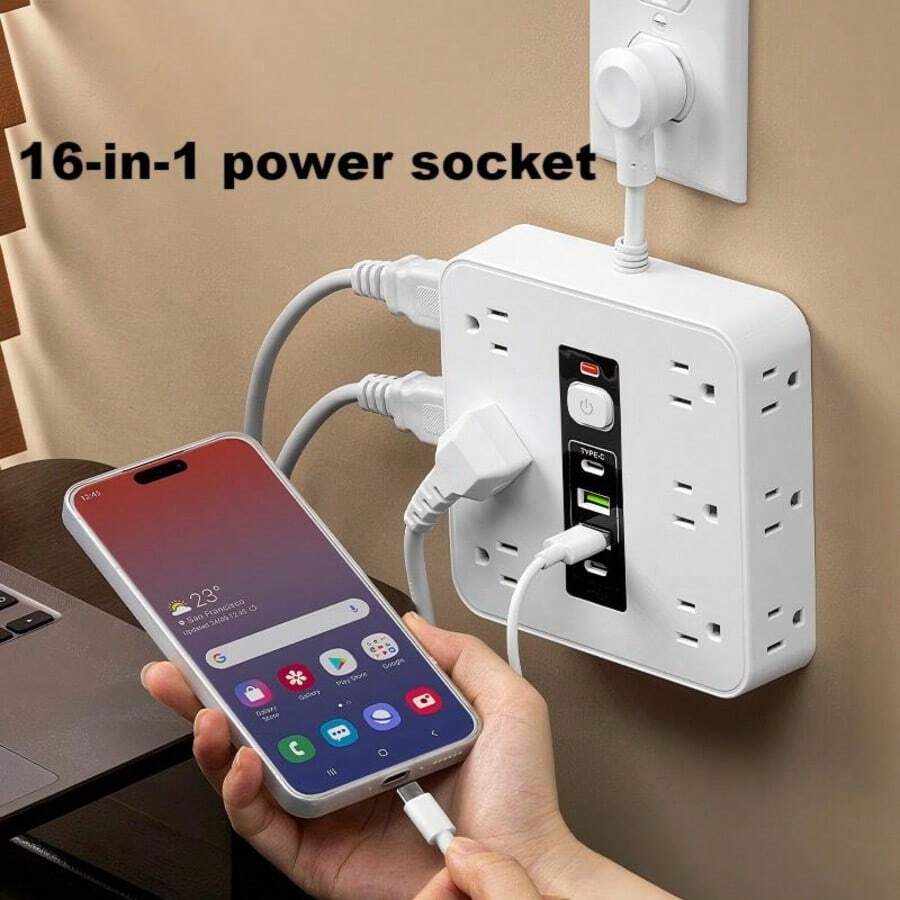 Tangle-Free Charging Station 1pc Multi-Functional Power Supply With On/Off Switch And Surge Protection Matching Style Phase 3 It Has 12 AC Sockets 2 USB-A And 2 USB-C Ports 16-In-1 Power Socket Suitable For Office And Home Use Valentine's Day Gift Ports. - White - View 1