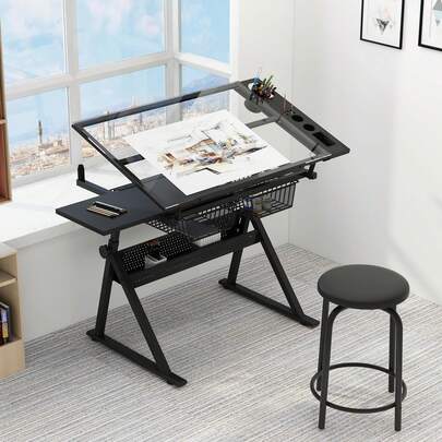Techigher Art Drawing Desk Tiltable Craft Table With Storage Drawers, Artist Glass Painting Drawing Desk Study Table With Stool, Height Adjustment Writing Study Office Workstation