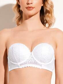 Wingslove This White Strapless Lace Bra Leads The : Non-Slip Silicone Straps, Multi-Functional Shoulder Straps, And Underwire Lift Design, Combined With Soft And Stretchy Fabric, Provide A And Comfortable Wearing Experience. The Exquisite Back Clasp Perfectly Matches Open Shoulder Outfits, Formal Occasions, And Fashionable Styles, Making It An Ideal Choice For Those Seeking Versatile And Slimming Lingerie! - White - View 4