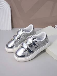 儿童运动鞋，幼儿运动鞋，新款春秋季纯色魔术贴休闲运动鞋，厚底透气男女童跑步鞋，校园休闲学生皮鞋 - 銀色 - 查看 4