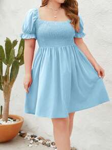 Women's Plus Size Solid Color Casual Vacation Dress Travel Square Neck Puff Sleeve Dress - 藍色 - 查看 2
