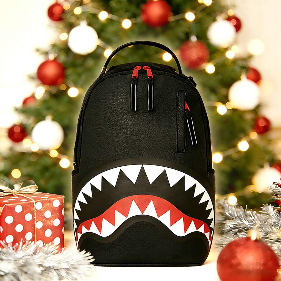 Shark Mouth Backpack Graffiti Casual Backpack Street  Backpack - màu đen - Xem 1
