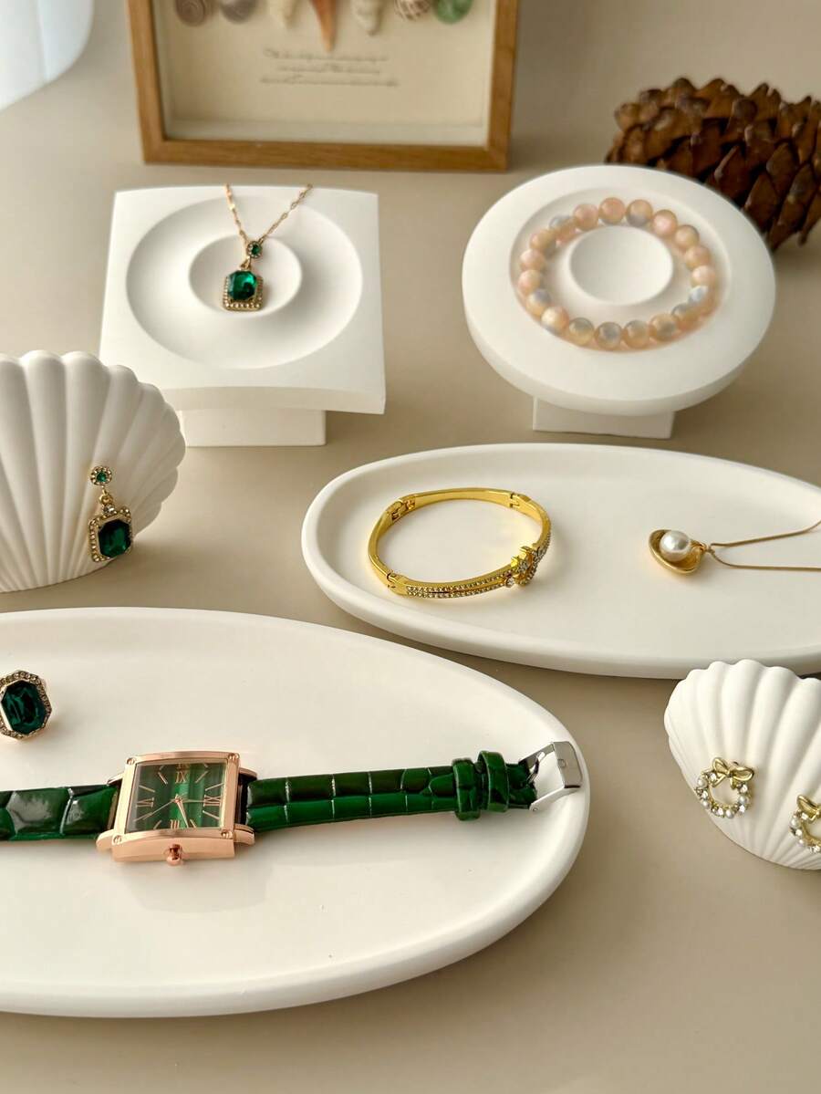 Minimalistisches weißes Schmuckaufbewahrungsset - Muschel-/Oval-/geometrisch geformte Schalen, geeignet für Schminktisch, Schreibtisch, Kleiderschrank, multifunktionaler Präsentationsständer für Ringe, Ohrringe, Halsketten, Armbänder, kleine Accessoires