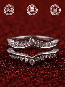 1 chiếc nhẫn bạc 925 hai lớp hình chữ V đính đá Cubic Zirconia, thiết kế vương miện, nhẫn hình trái tim đính đá Cubic Zirconia, thời trang cho đeo hàng ngày và đám cưới, món quà lý tưởng cho bạn gái, kèm hộp quà. - Zircon hình chữ V hai lớp - Xem 2