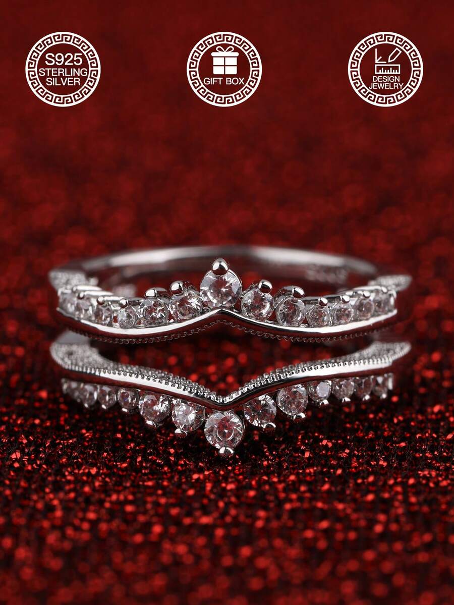 1 chiếc nhẫn bạc 925 hai lớp hình chữ V đính đá Cubic Zirconia, thiết kế vương miện, nhẫn hình trái tim đính đá Cubic Zirconia, thời trang cho đeo hàng ngày và đám cưới, món quà lý tưởng cho bạn gái, kèm hộp quà.