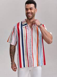 1pc Men's Contrast Color Red & White Striped Textured Polo Collar Single-Breasted Short Sleeve Shirt, Fashionable & Versatile Casual/Work Wear, Elegant For Holiday Parties, Suitable Gift For Father, Boyfriend, Dad, Friends - Red - View 2