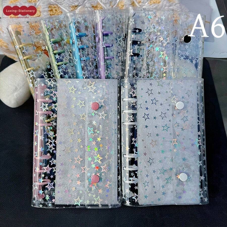 Bìa đựng tài liệu trong suốt hình ngôi sao lấp lánh cỡ A6, Sổ dán bìa trong suốt, Sổ dán, Giấy thay thế trong suốt, Miếng đệm mực, Thẻ dán hình kẹo nhỏ giọt, Con dấu, Túi đựng ảnh, Album ảnh, Sổ kế hoạch, Nhật ký, Sổ tay, Văn phòng phẩm