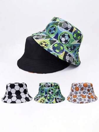 1 pieza Sombrero de cubo de poliéster impreso con protección UV reversible de estilo casual de fútbol, sombrero de protección solar para exteriores para hombres y mujeres, primavera/verano/otoño
