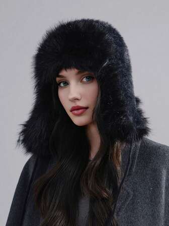 1pc Plush Women's Hat, Fashionable Outdoor Warm Ear Protection Beanie, Handmade, Faux Fur, Cute Solid Color, Polyester Fleece, Suitable For Autumn/Winter Holidays And Gifts