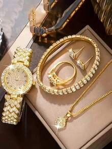 6pcs Set Elegant Crystal Wrist Watch, Stainless Steel Fashion Minimalist Luxury Full Crystal Quartz Watch, Eid Gift - Gold - View 6
