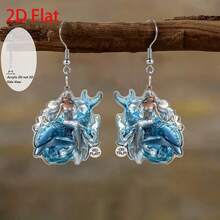2D flat Mermaid Swimming with Dolphins pendant earrings, fashionable jewelry, party gift, a festival present for family and friends - Multicolor - Ver 6