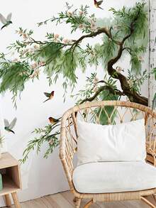 中式柳树鸟墙贴，可移除自粘纸，自然花卉装饰，适用于卧室、玄关和家居装饰墙贴。 - 彩色 - 查看 5