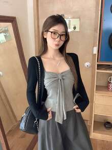 韩版蝴蝶结前开吊带背心，女士休闲夏季款 - 灰色 - 查看 2