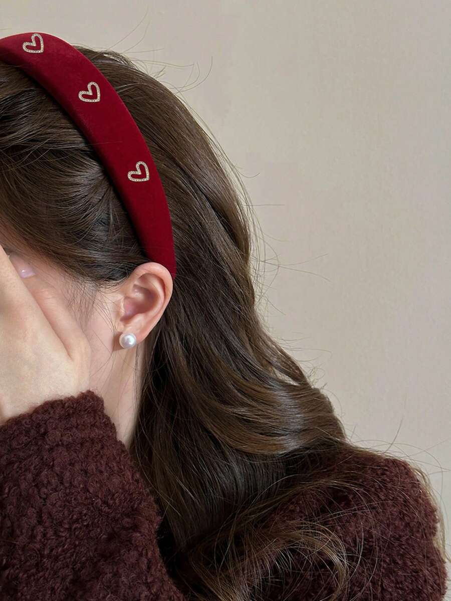 1 accesoriu de păr de Ziua Îndrăgostiților, bandă de păr în formă de inimă din catifea de culoare solidă cu decor cu strasuri, potrivită pentru purtare zilnică, bandă de păr, cerc de păr accesorii cadou de Ziua Îndrăgostiților