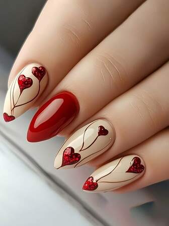 24 uñas postizas con forma de almendra y diseño de corazón rojo, set perfecto para uñas acrílicas con forma de almendra, incluye: 1 pieza de gel de gelatina y 1 lima de uñas, fácil de usar para manicura francesa y diseño de uñas para el Día de San Valentín, adecuado para el trabajo diario y fiestas de mujeres.